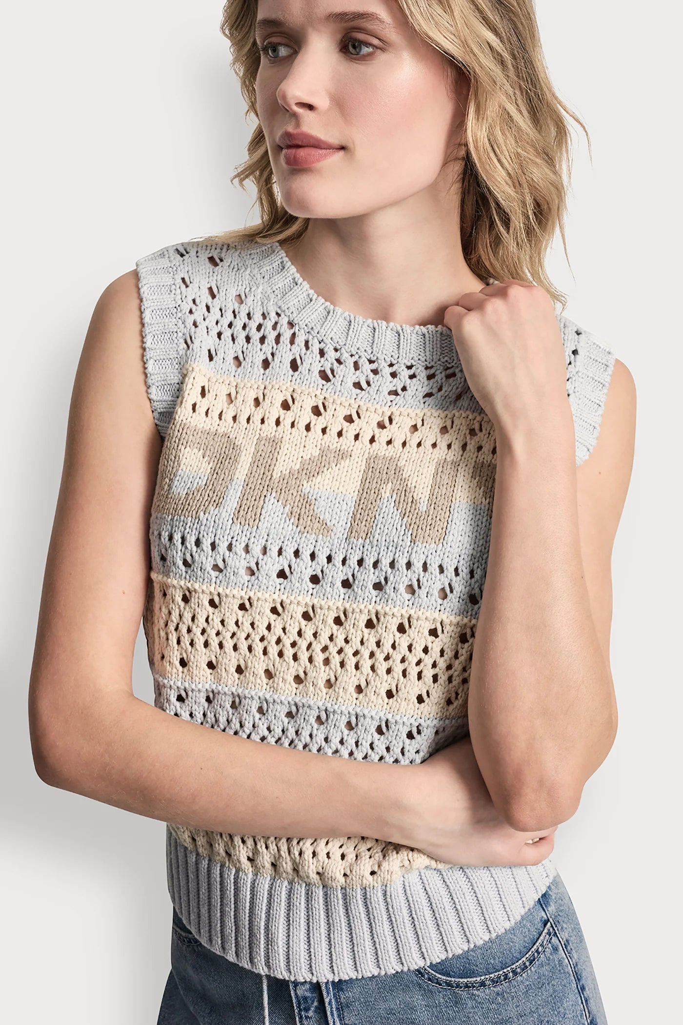 STRIPED POINTELLE STITCH SWEATER