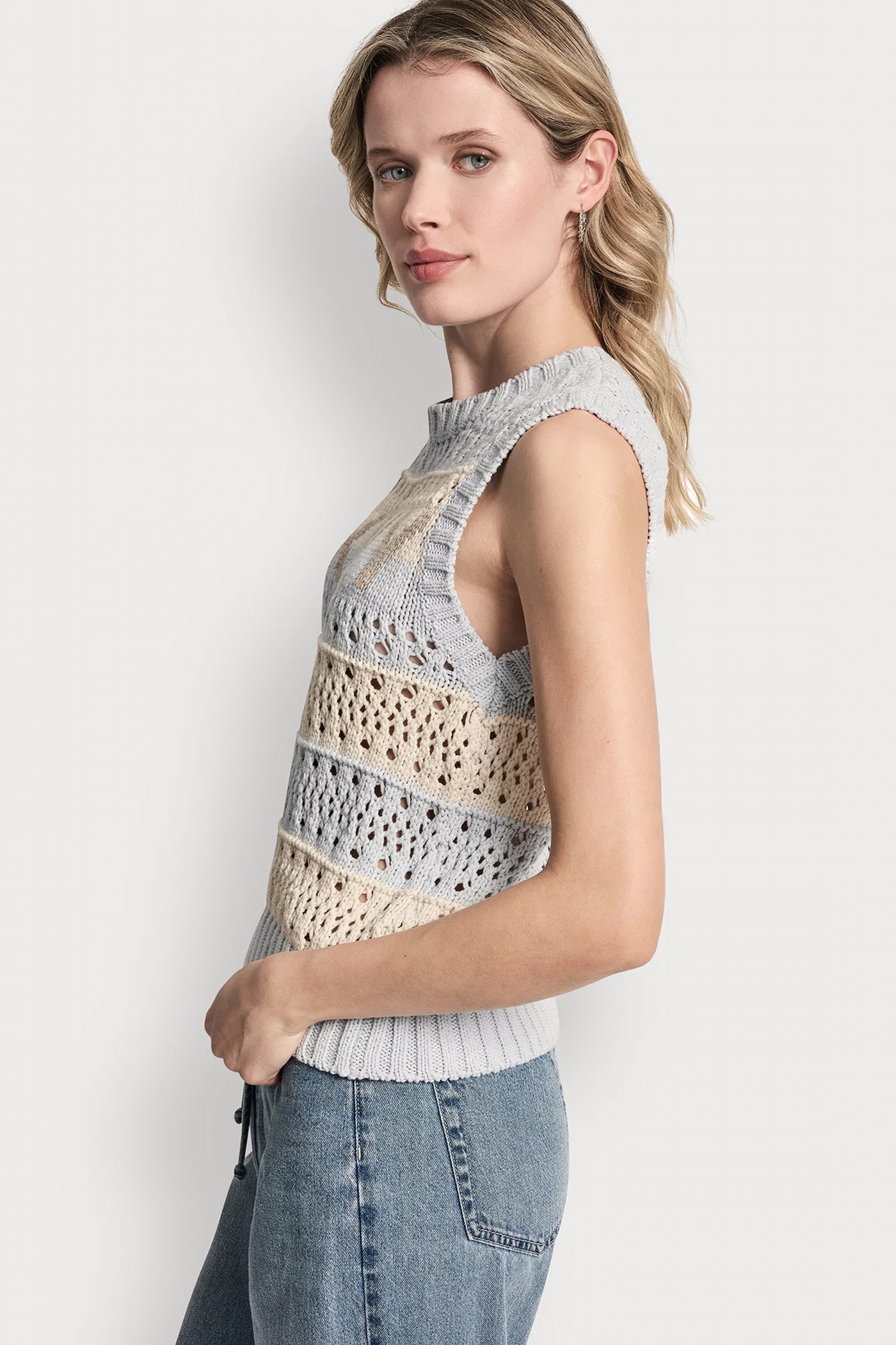 STRIPED POINTELLE STITCH SWEATER