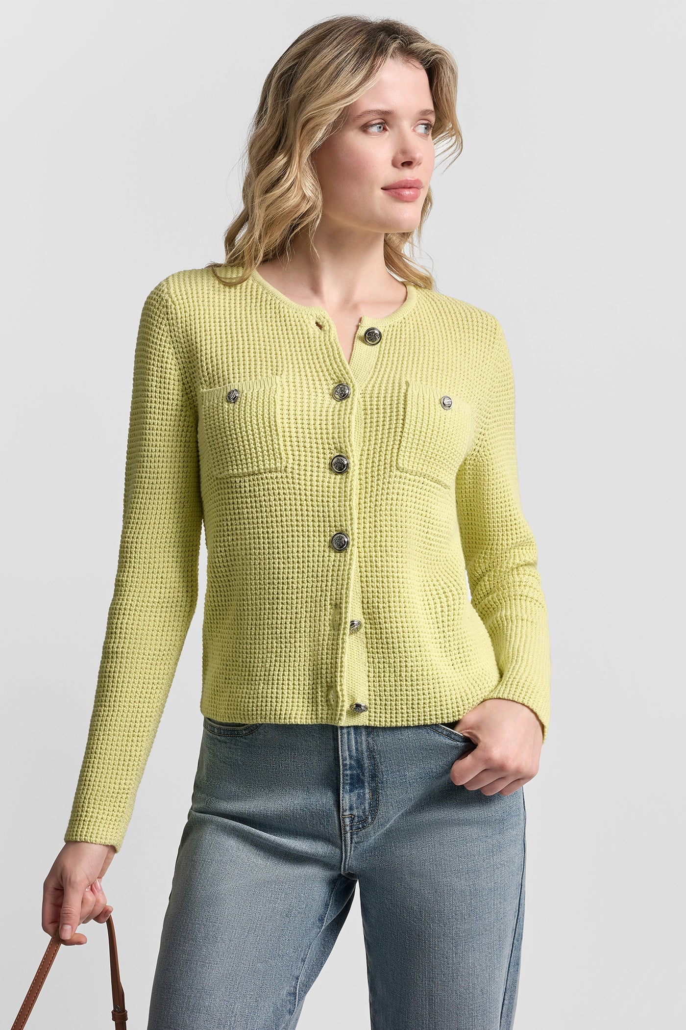 TUCK STITCH CREW NECK CARDIGAN