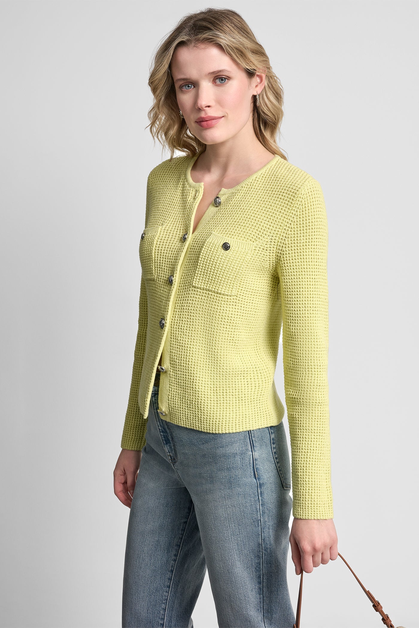 TUCK STITCH CREW NECK CARDIGAN