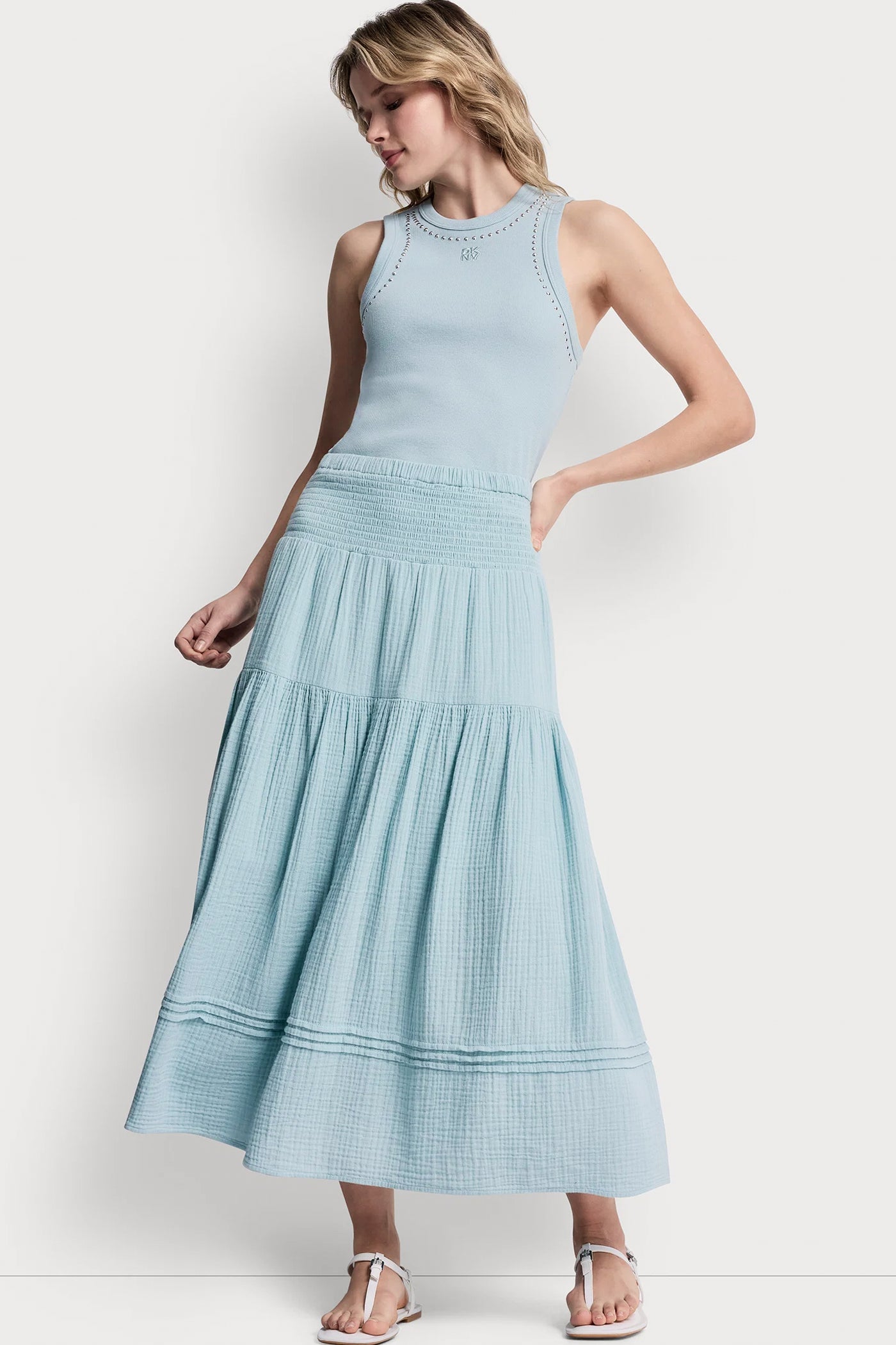 SMOCKED WAIST MAXI TIERED SKIRT