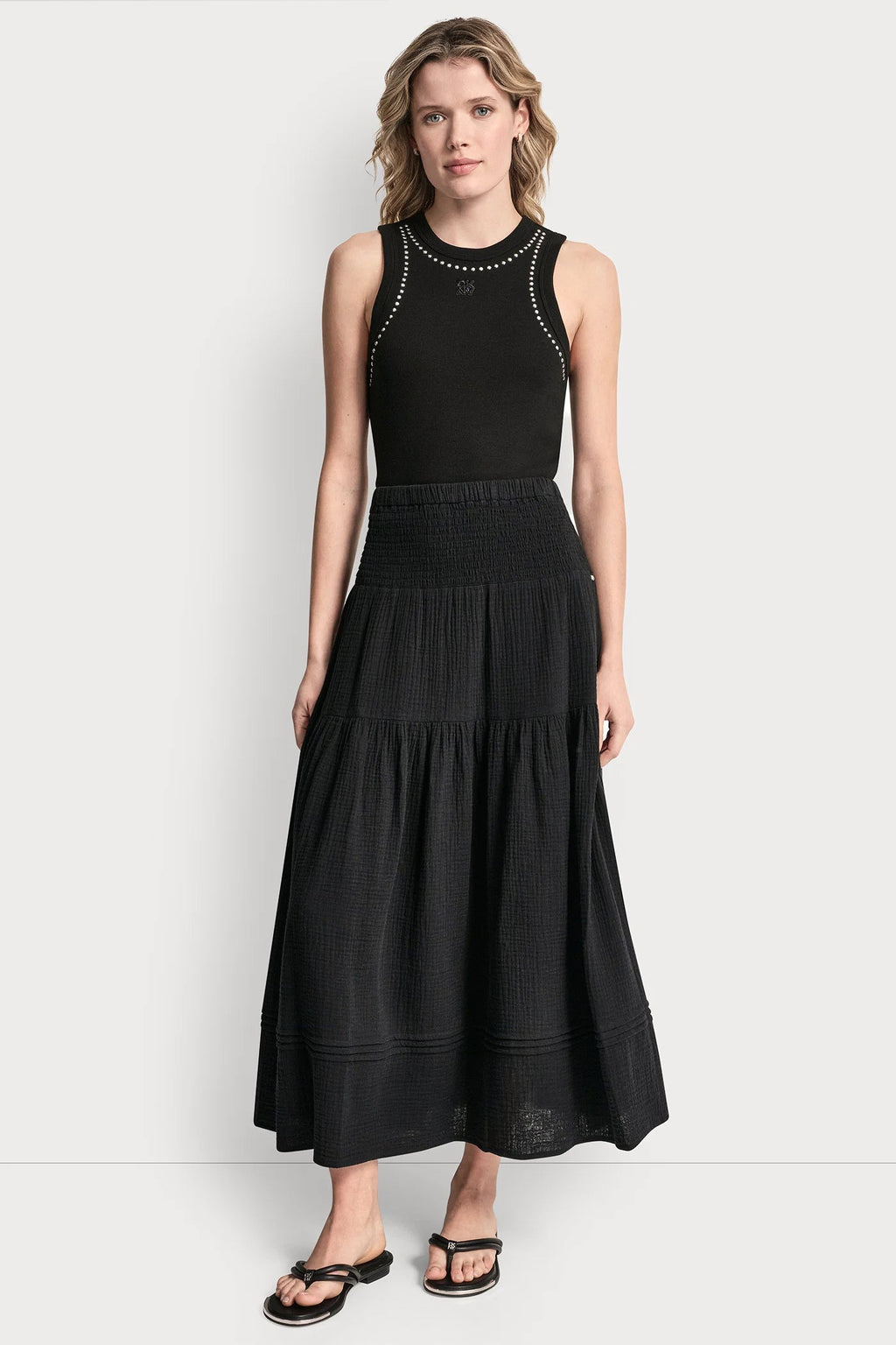 SMOCKED WAIST MAXI TIERED SKIRT
