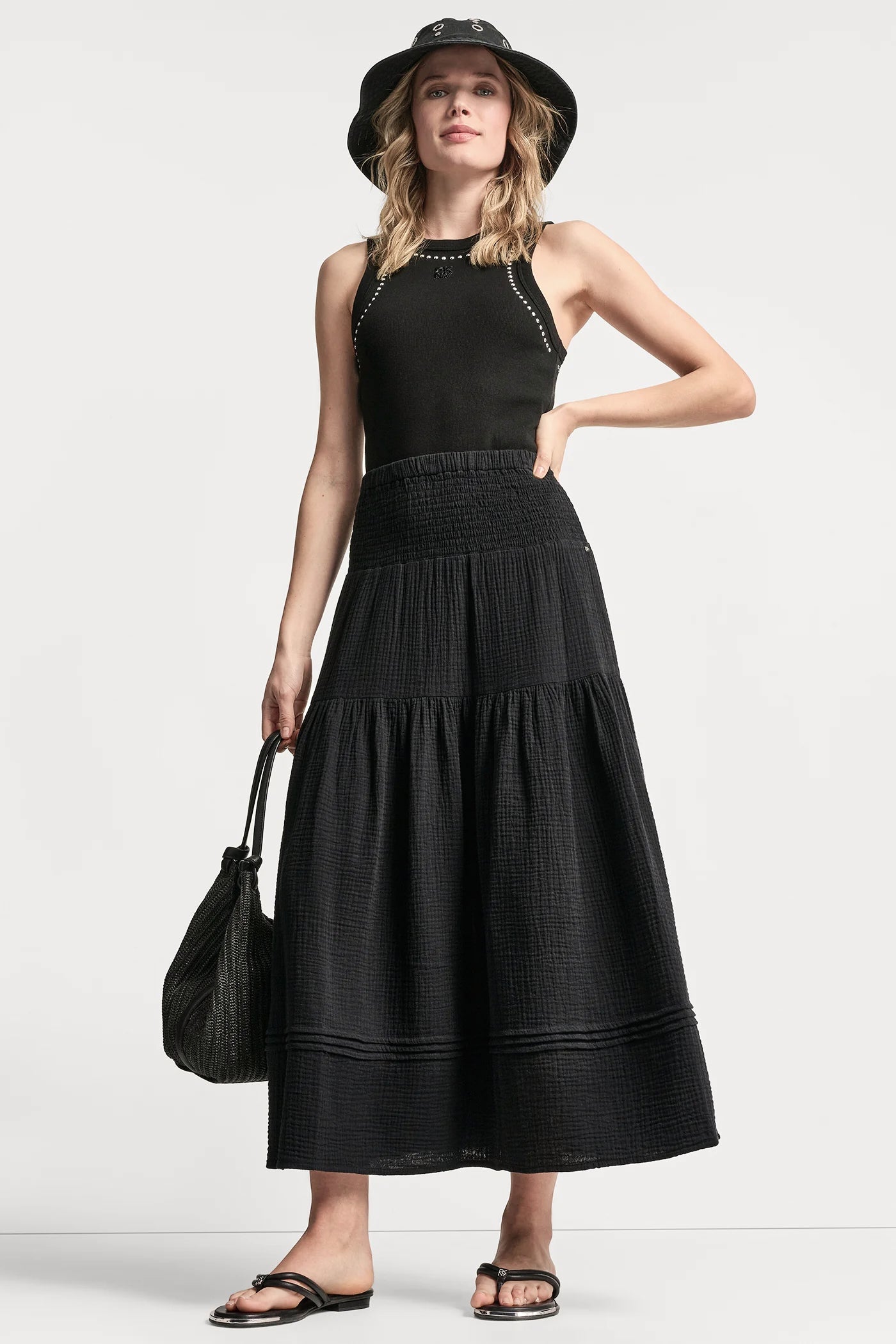 SMOCKED WAIST MAXI TIERED SKIRT