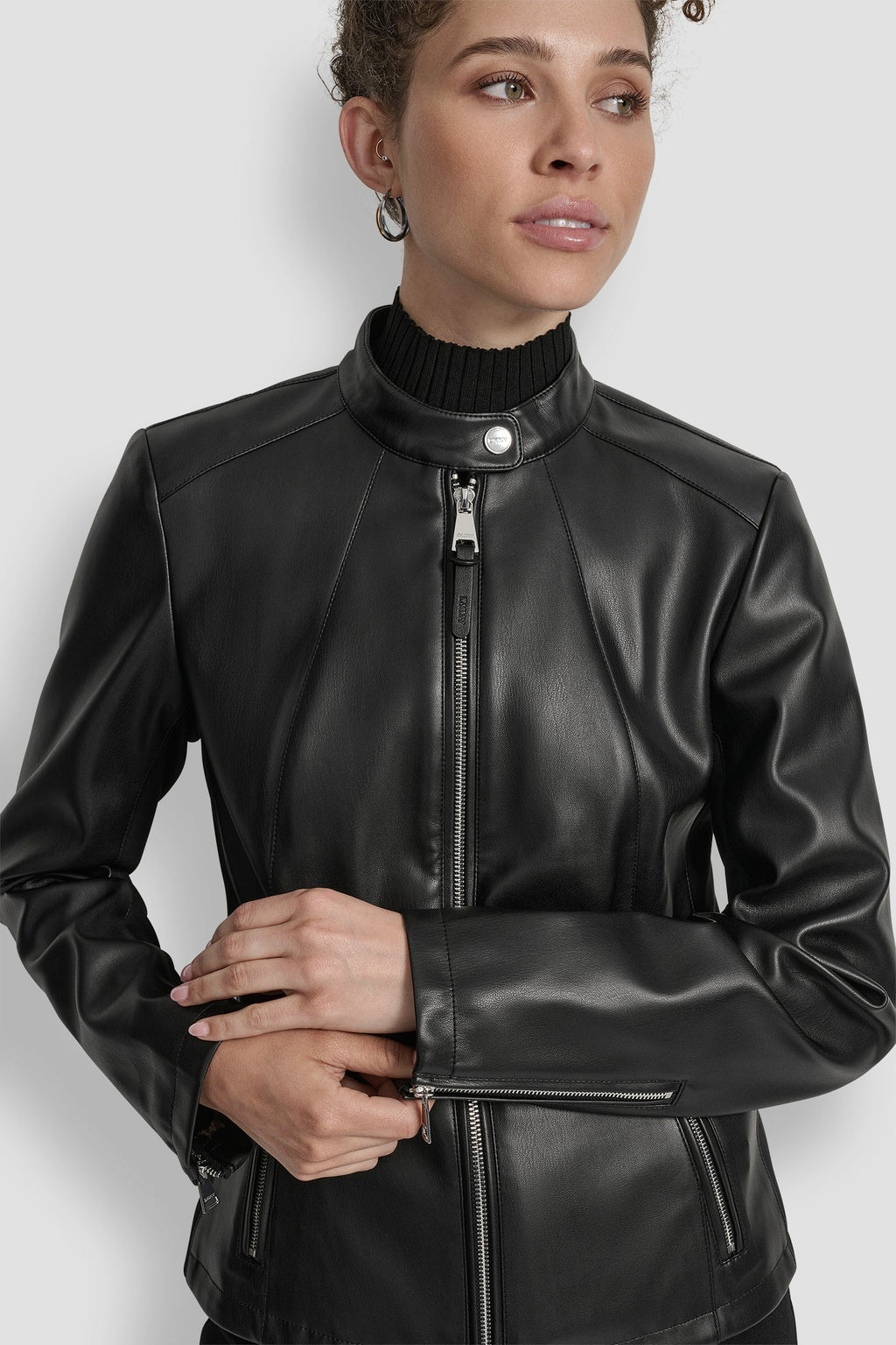 FAUX LEATHER MOTO JACKET WITH SNAP COLLAR
