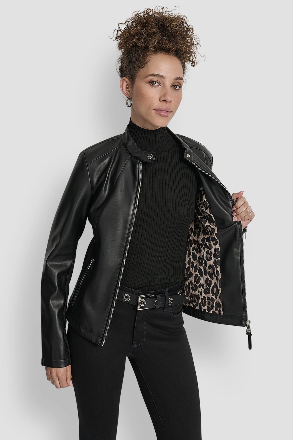 FAUX LEATHER MOTO JACKET WITH SNAP COLLAR