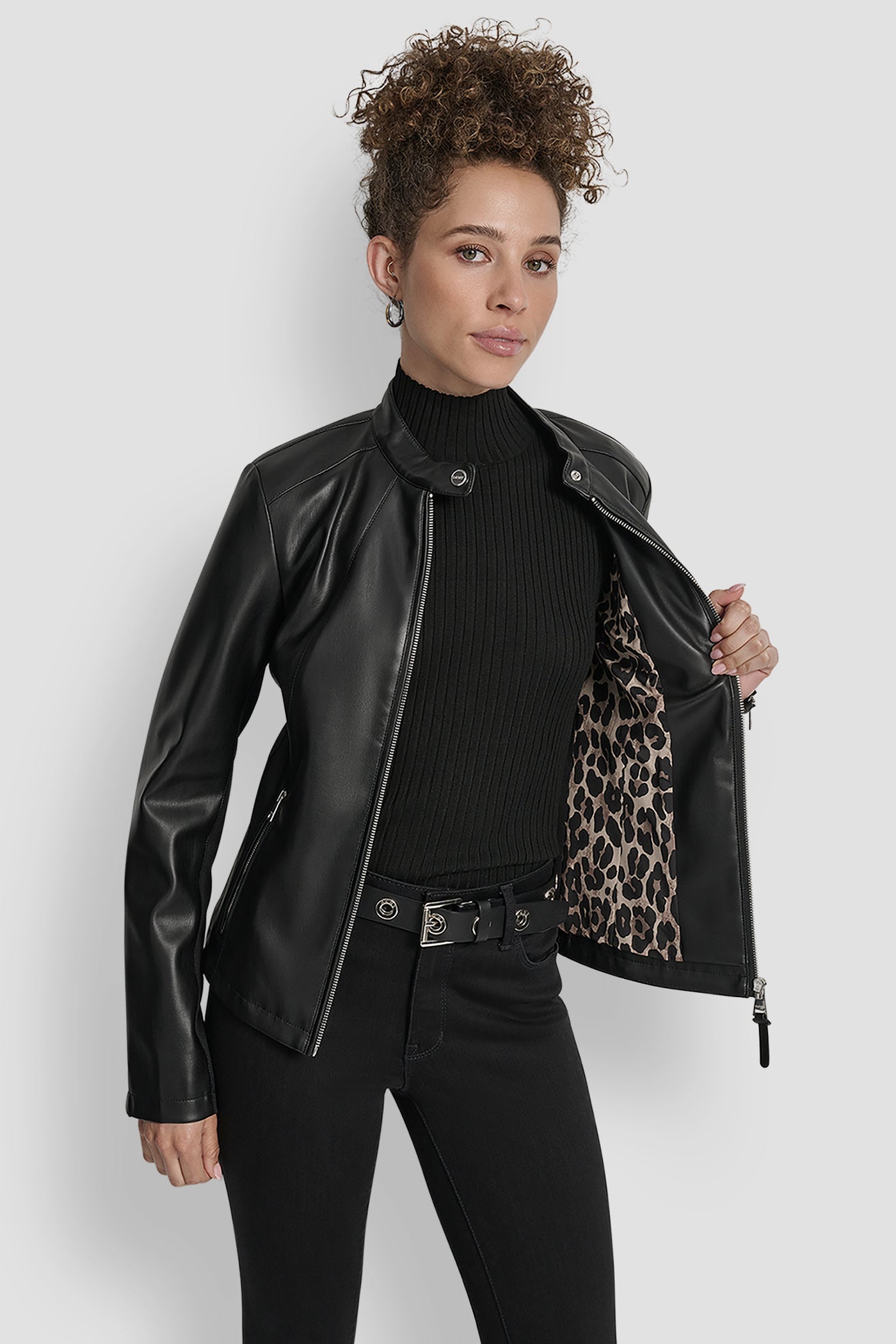 FAUX LEATHER MOTO JACKET WITH SNAP COLLAR