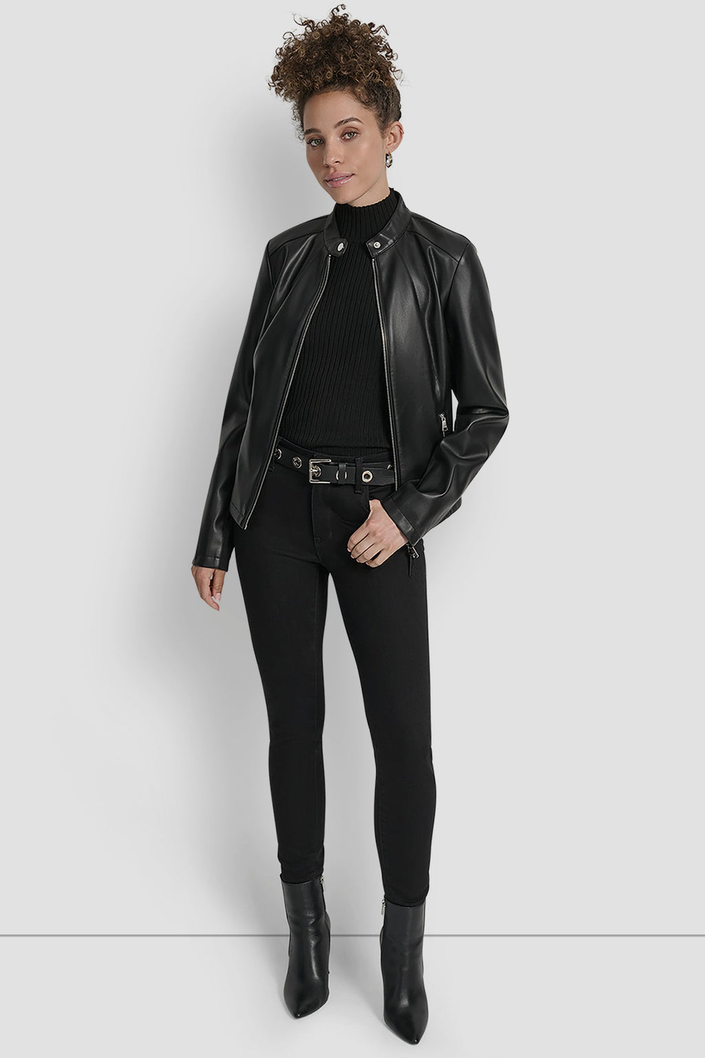 FAUX LEATHER MOTO JACKET WITH SNAP COLLAR