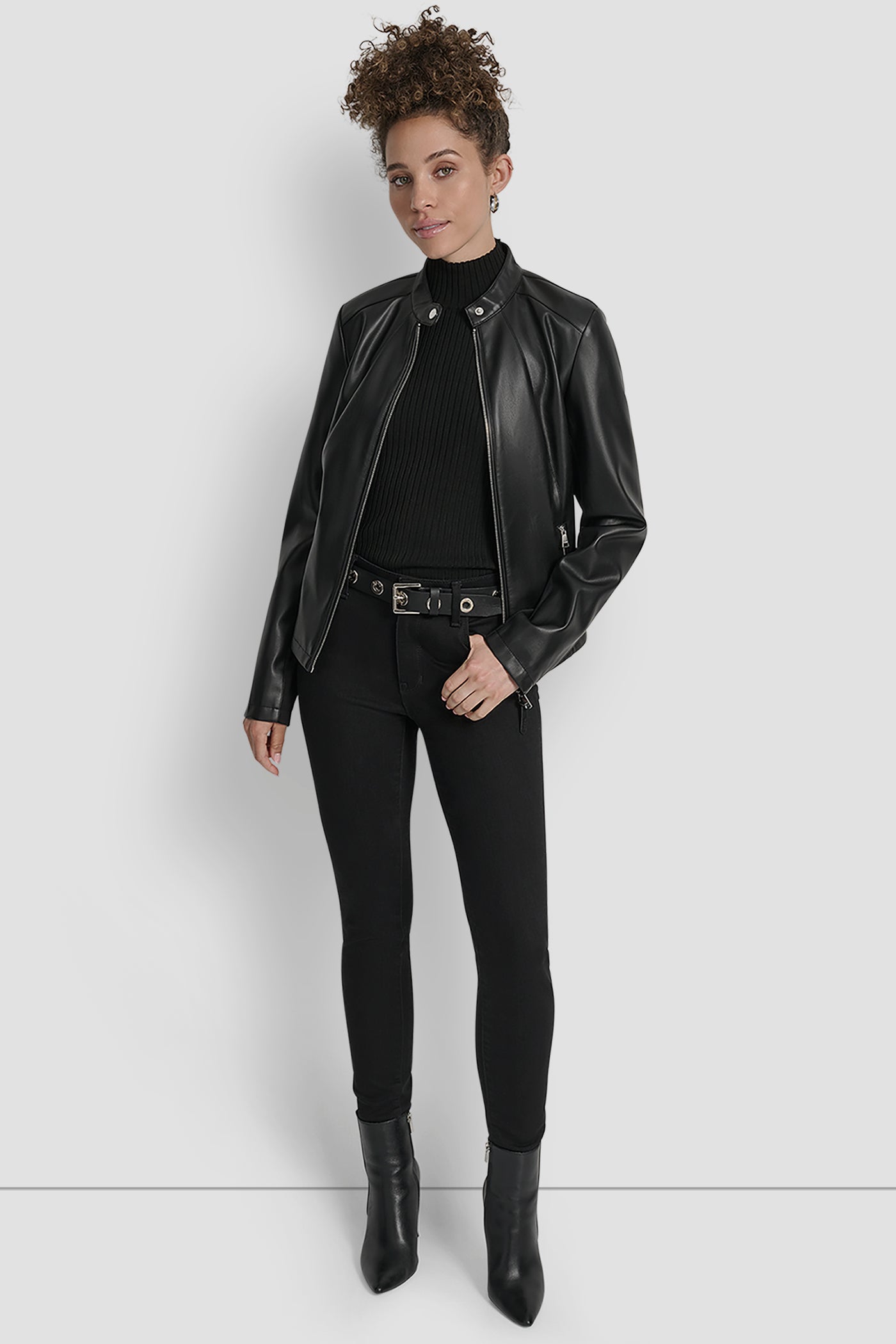 FAUX LEATHER MOTO JACKET WITH SNAP COLLAR