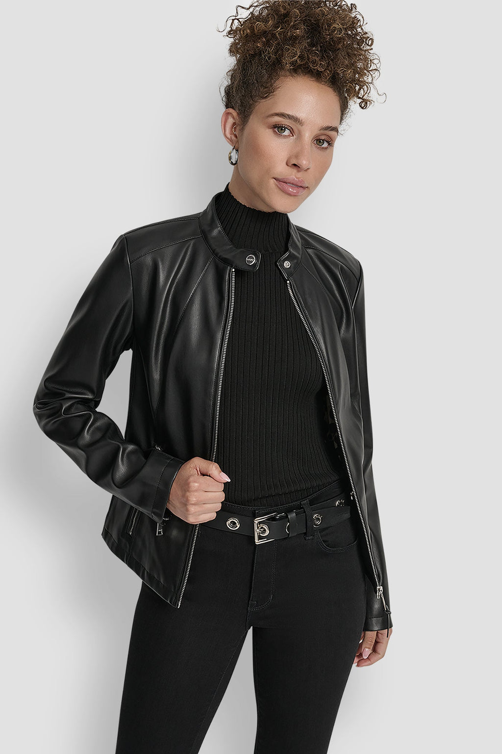 FAUX LEATHER MOTO JACKET WITH SNAP COLLAR