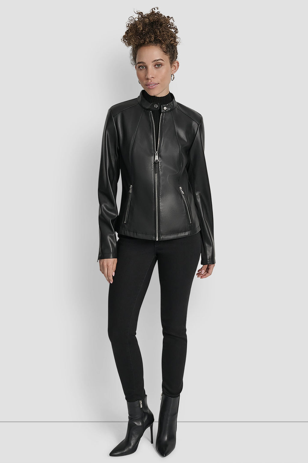 FAUX LEATHER MOTO JACKET WITH SNAP COLLAR