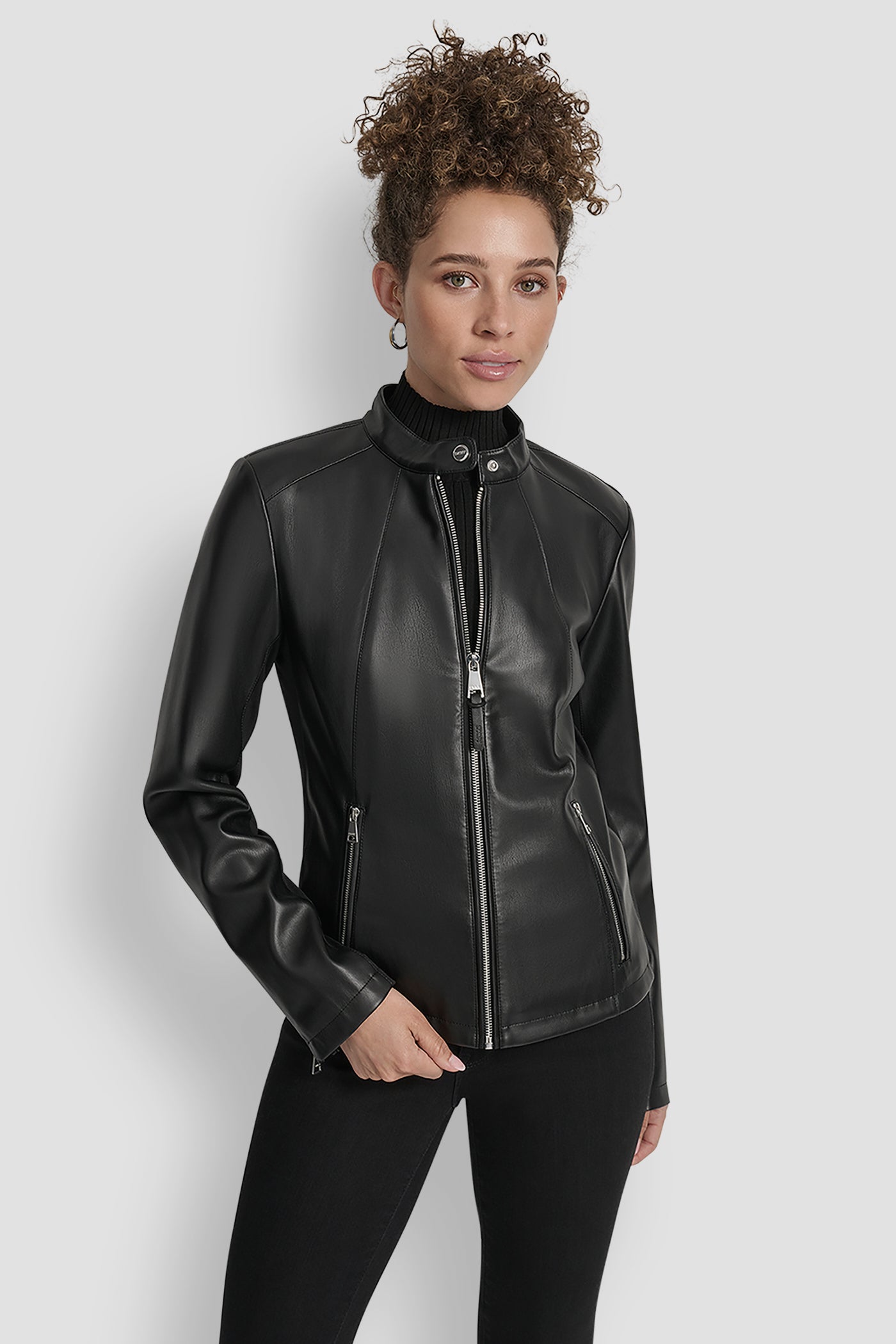 FAUX LEATHER MOTO JACKET WITH SNAP COLLAR