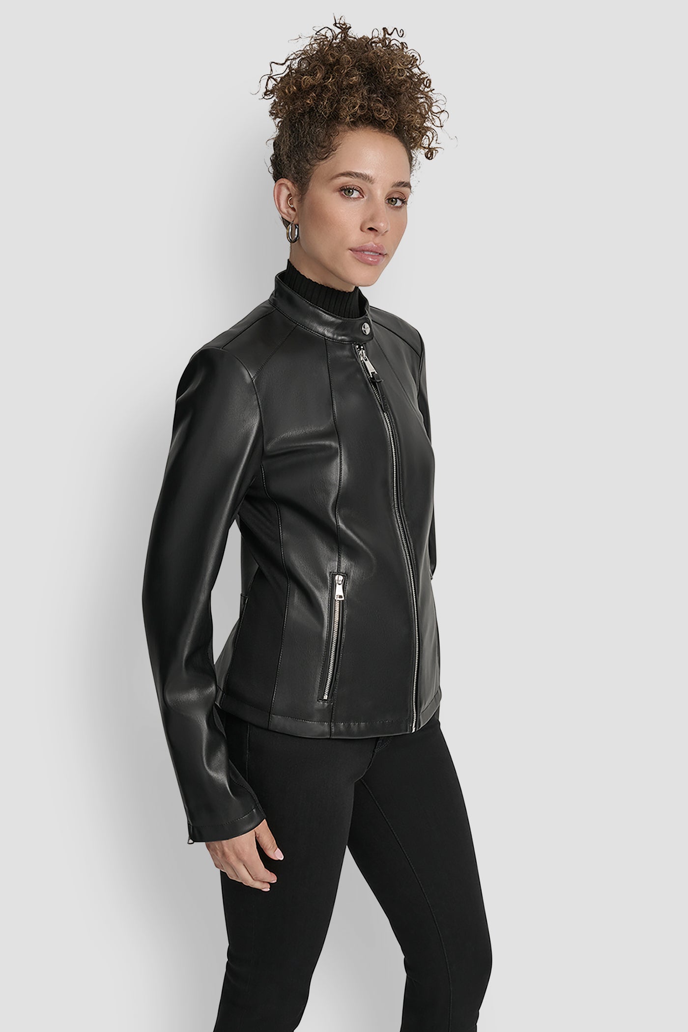 FAUX LEATHER MOTO JACKET WITH SNAP COLLAR