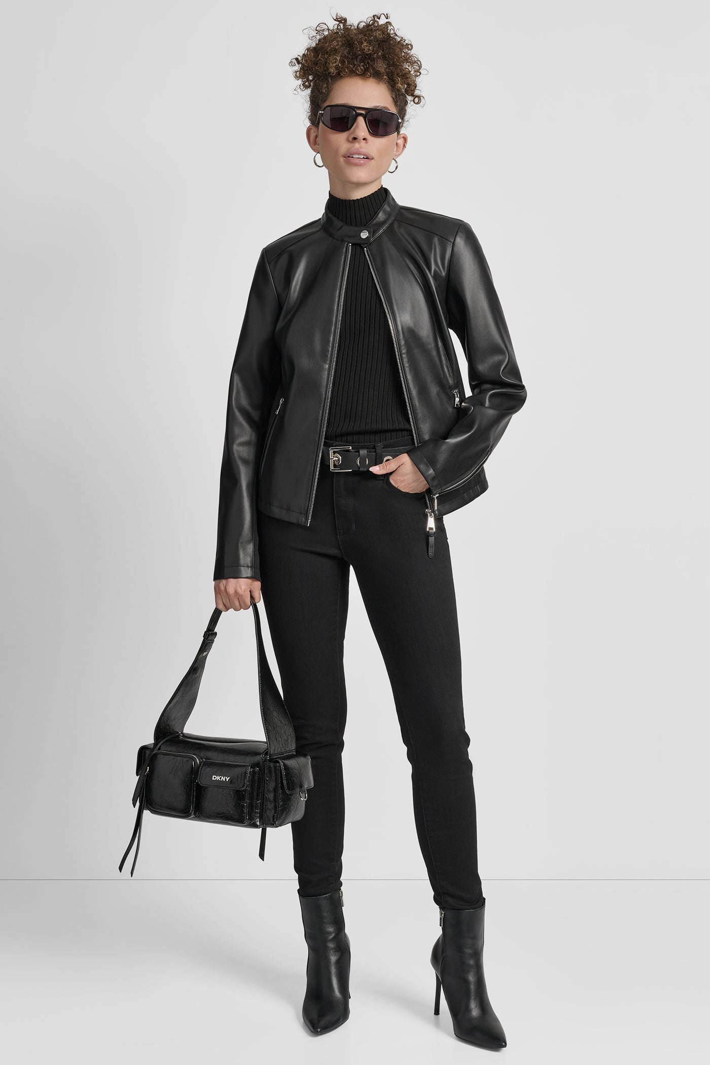 FAUX LEATHER MOTO JACKET WITH SNAP COLLAR