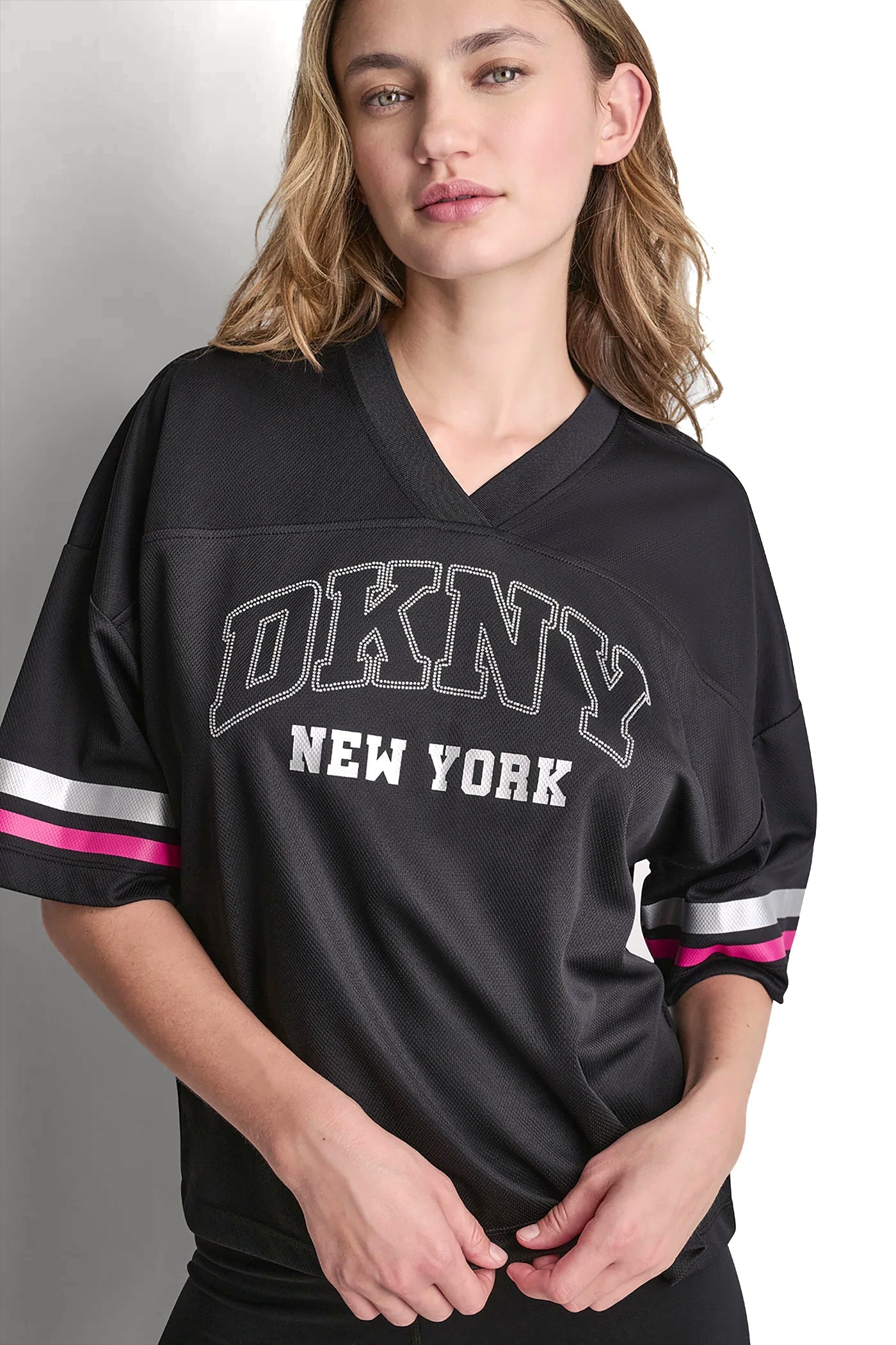 RHINESTONE VARSITY LOGO V-NECK JERSEY
