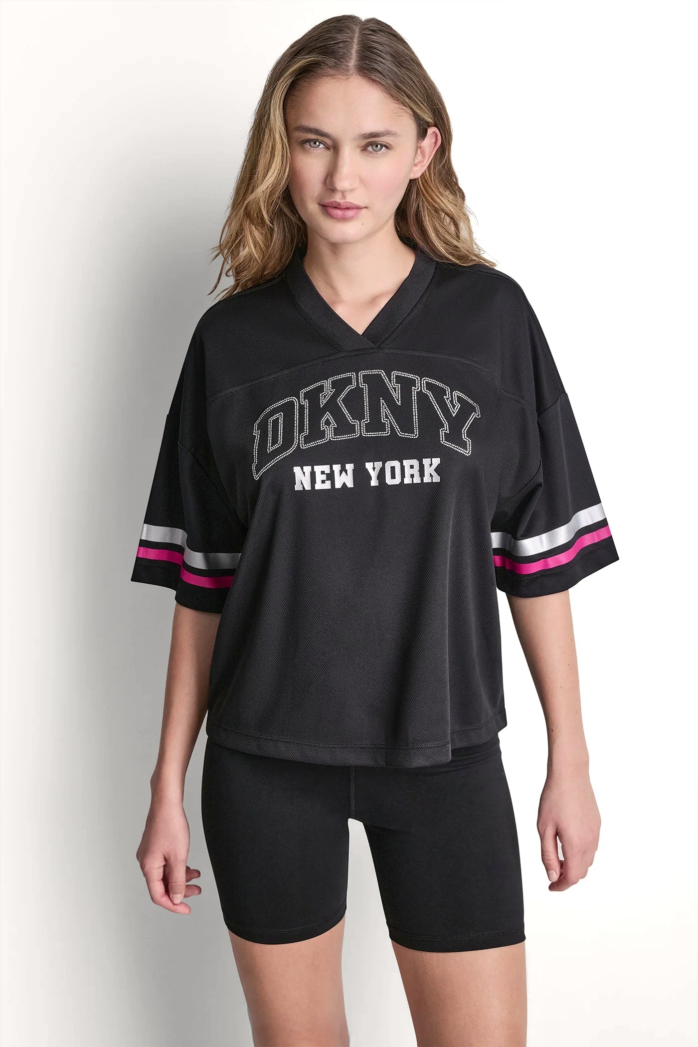 RHINESTONE VARSITY LOGO V-NECK JERSEY