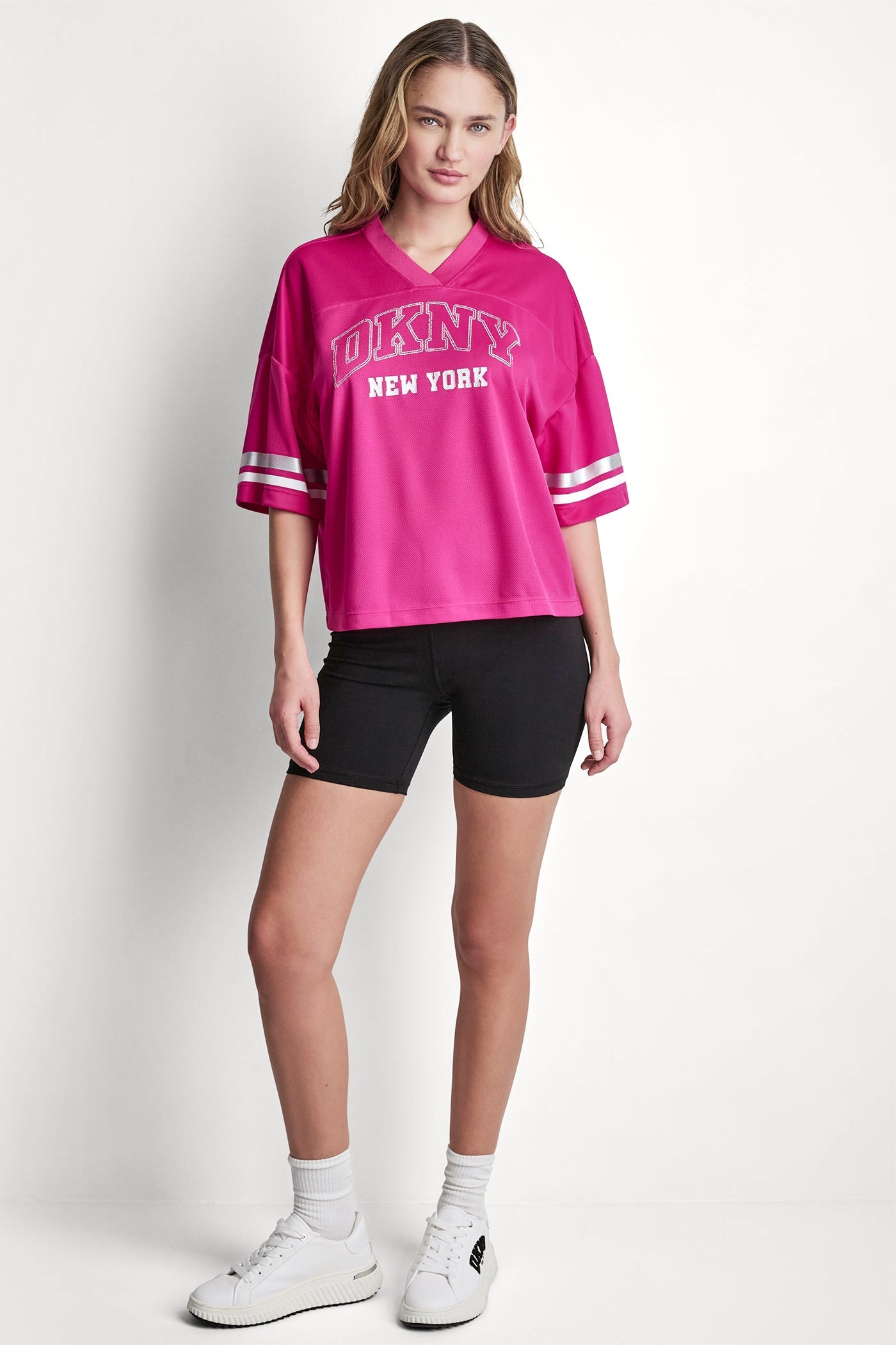 RHINESTONE VARSITY LOGO V-NECK JERSEY