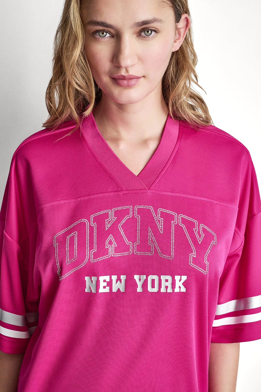 RHINESTONE VARSITY LOGO V-NECK JERSEY