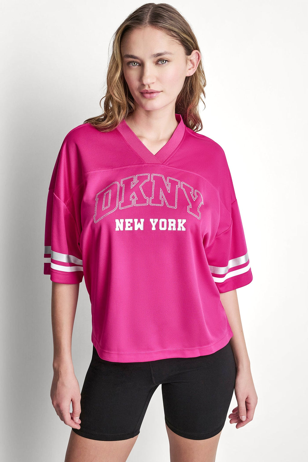 RHINESTONE VARSITY LOGO V-NECK JERSEY