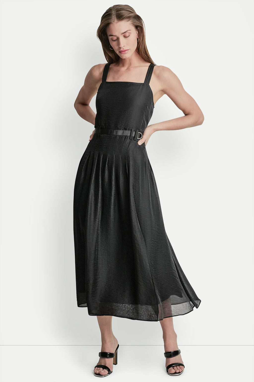BELTED PLEATED MIDI DRESS