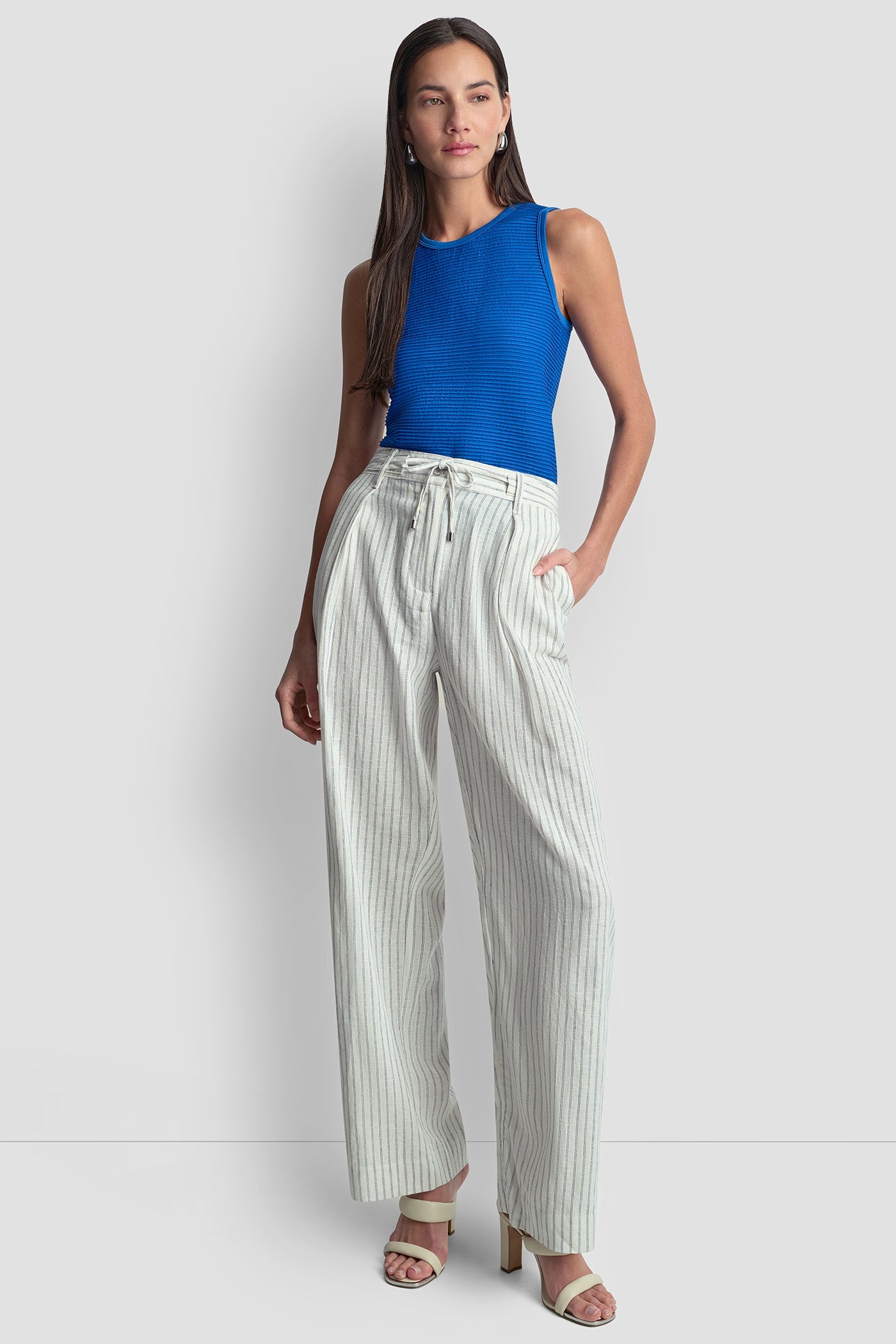 LINEN-BLEND PINSTRIPE PLEATED PANT
