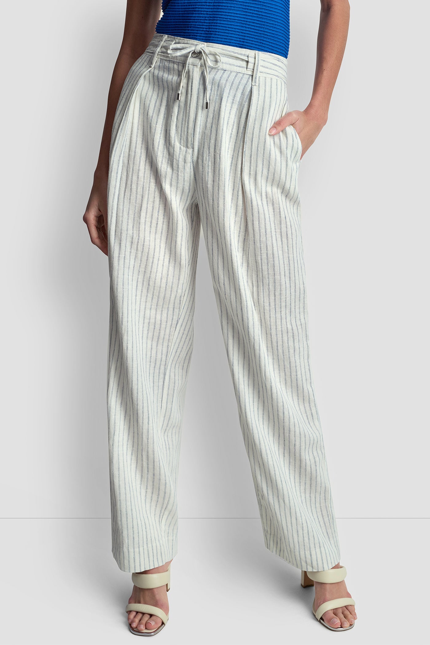 LINEN-BLEND PINSTRIPE PLEATED PANT