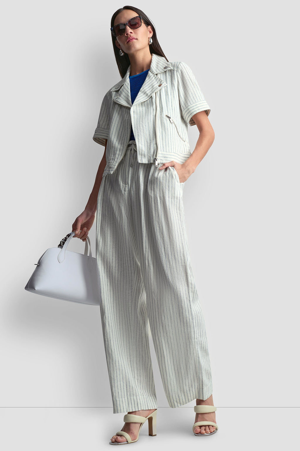 LINEN-BLEND PINSTRIPE PLEATED PANT