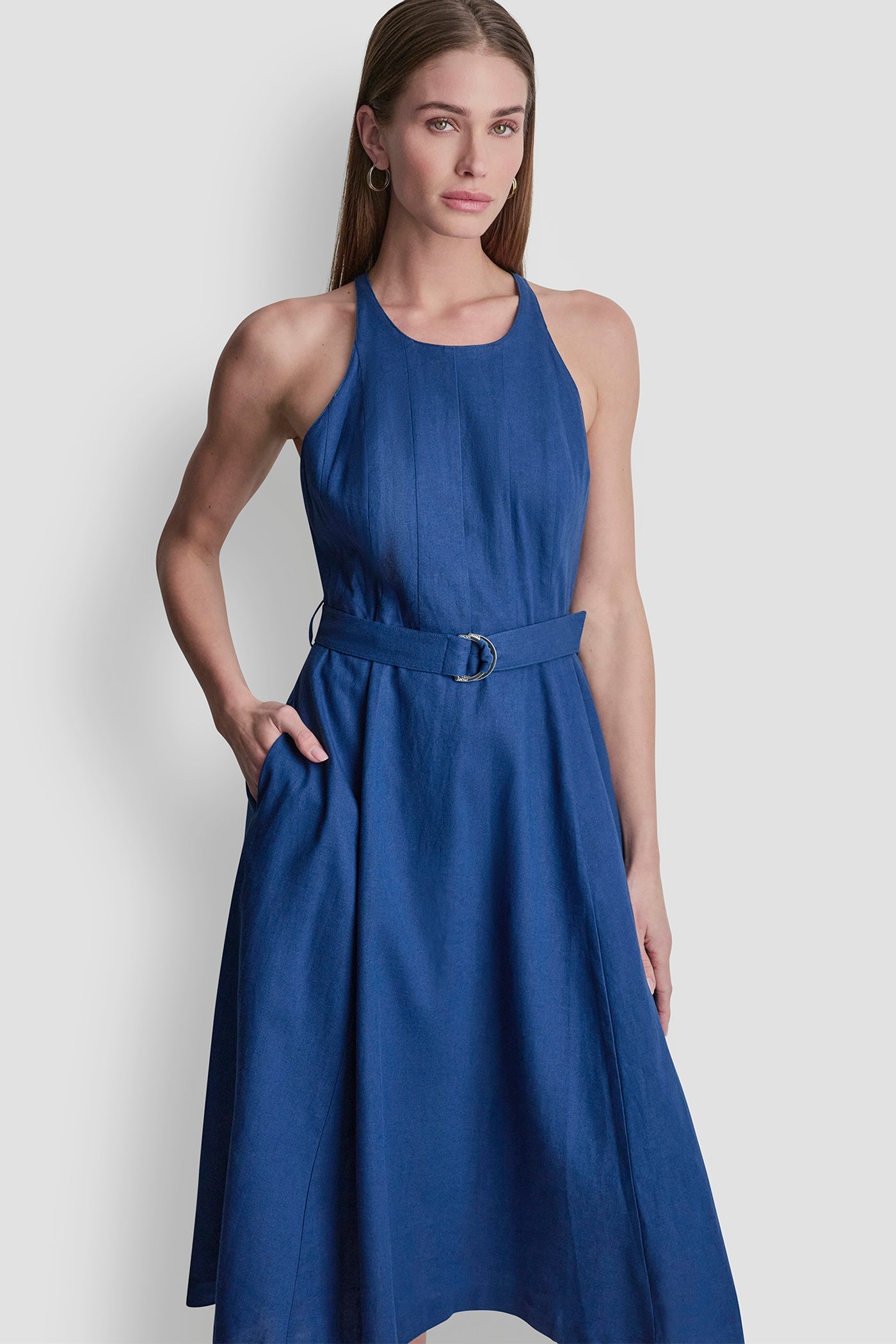 LINEN-BLEND BELTED MIDI DRESS