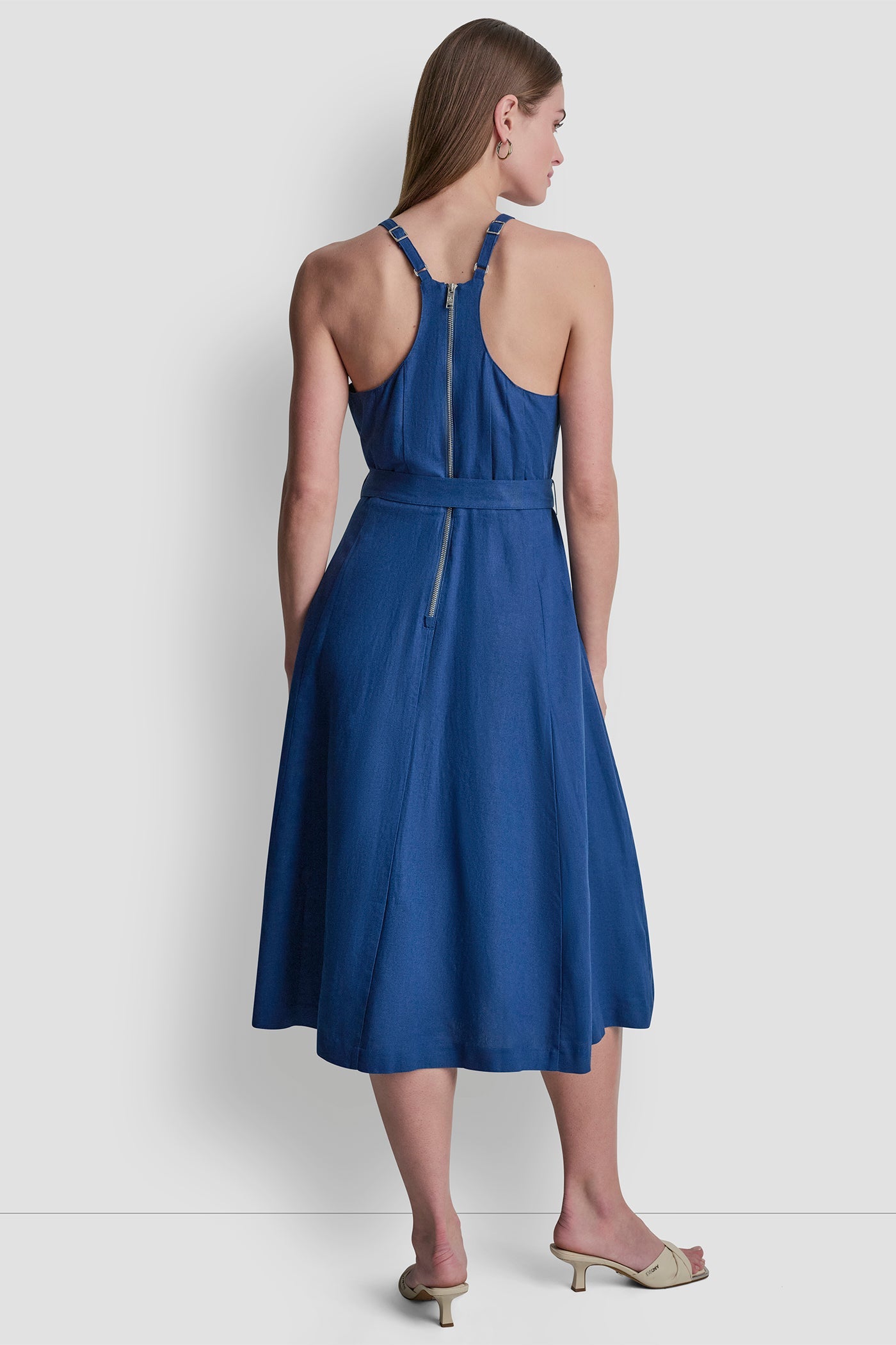 LINEN-BLEND BELTED MIDI DRESS