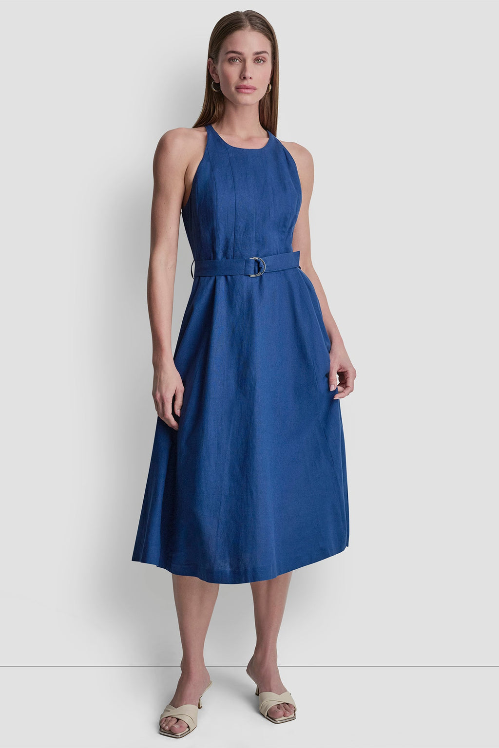 LINEN-BLEND BELTED MIDI DRESS