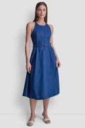 LINEN-BLEND BELTED MIDI DRESS