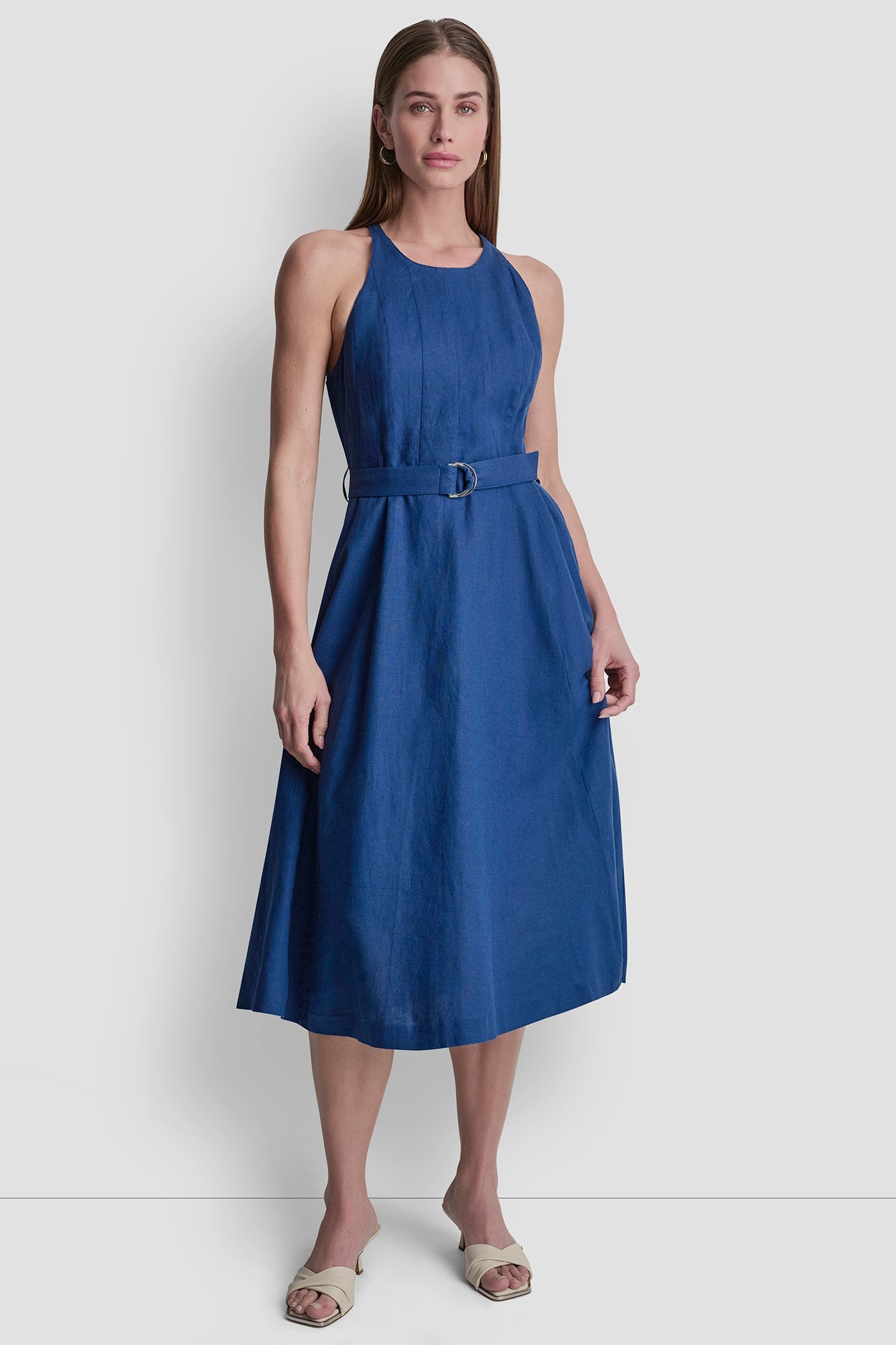 LINEN-BLEND BELTED MIDI DRESS