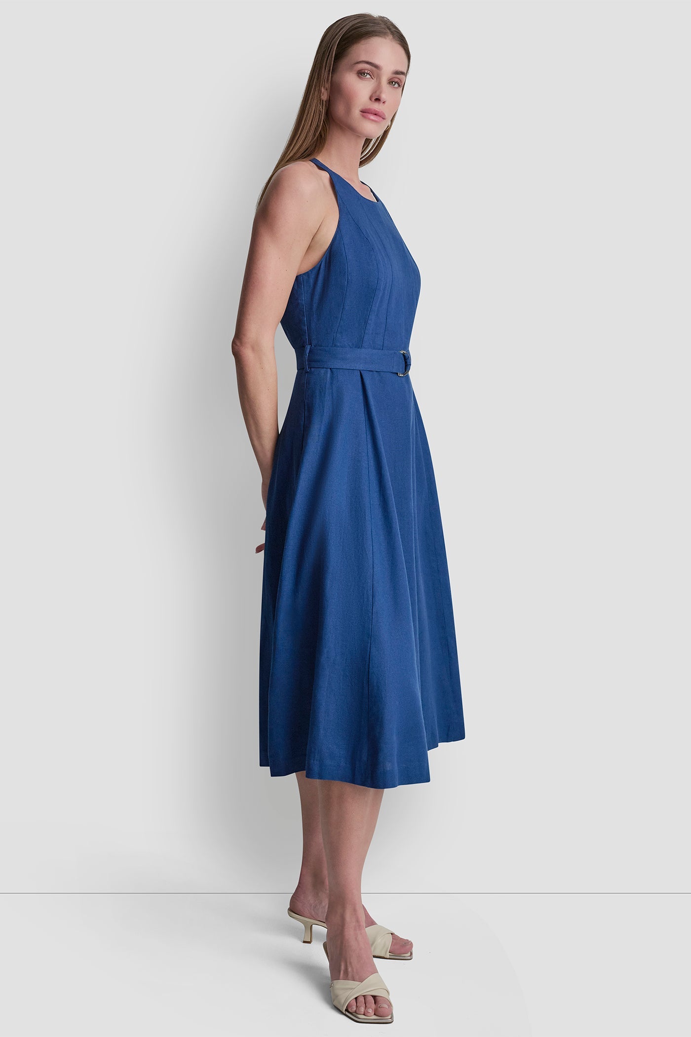 LINEN-BLEND BELTED MIDI DRESS
