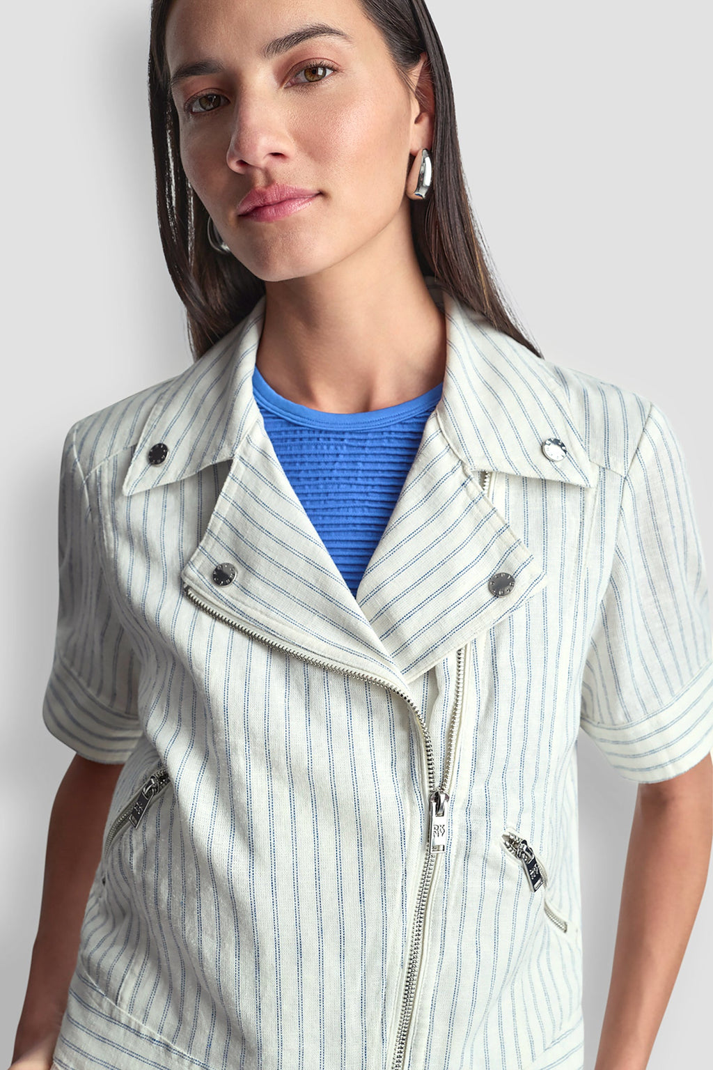 PINSTRIPE SHORT SLEEVE MOTO JACKET