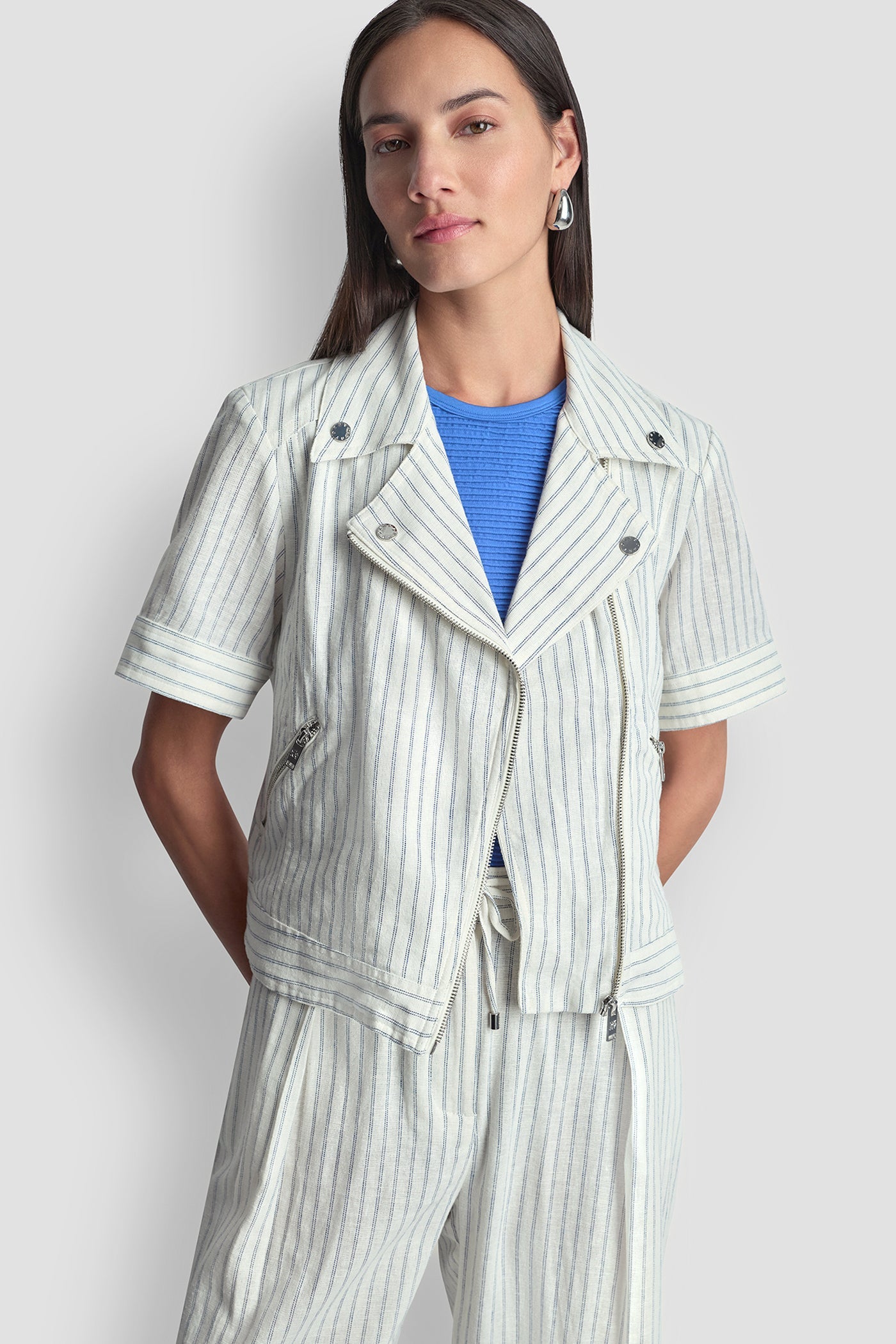 PINSTRIPE SHORT SLEEVE MOTO JACKET