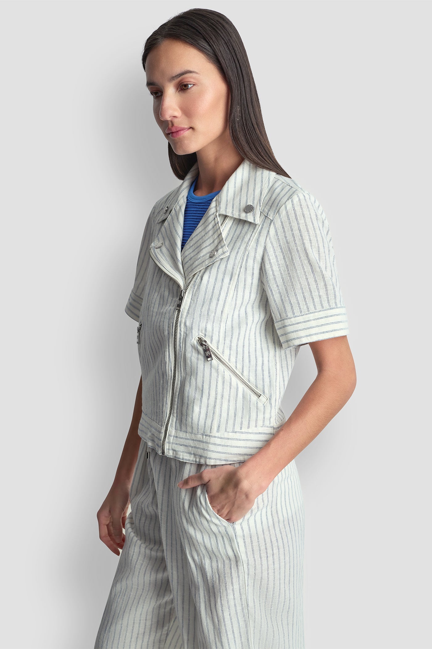 PINSTRIPE SHORT SLEEVE MOTO JACKET