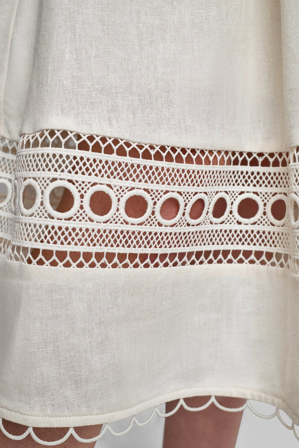 LINEN-BLEND LACE-TRIMMED MIDI DRESS