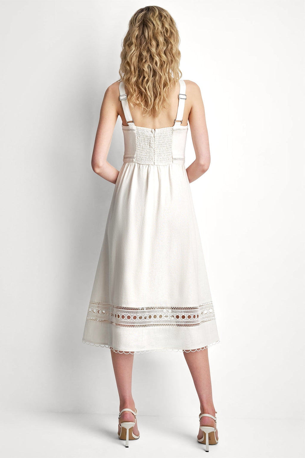 LINEN-BLEND LACE-TRIMMED MIDI DRESS