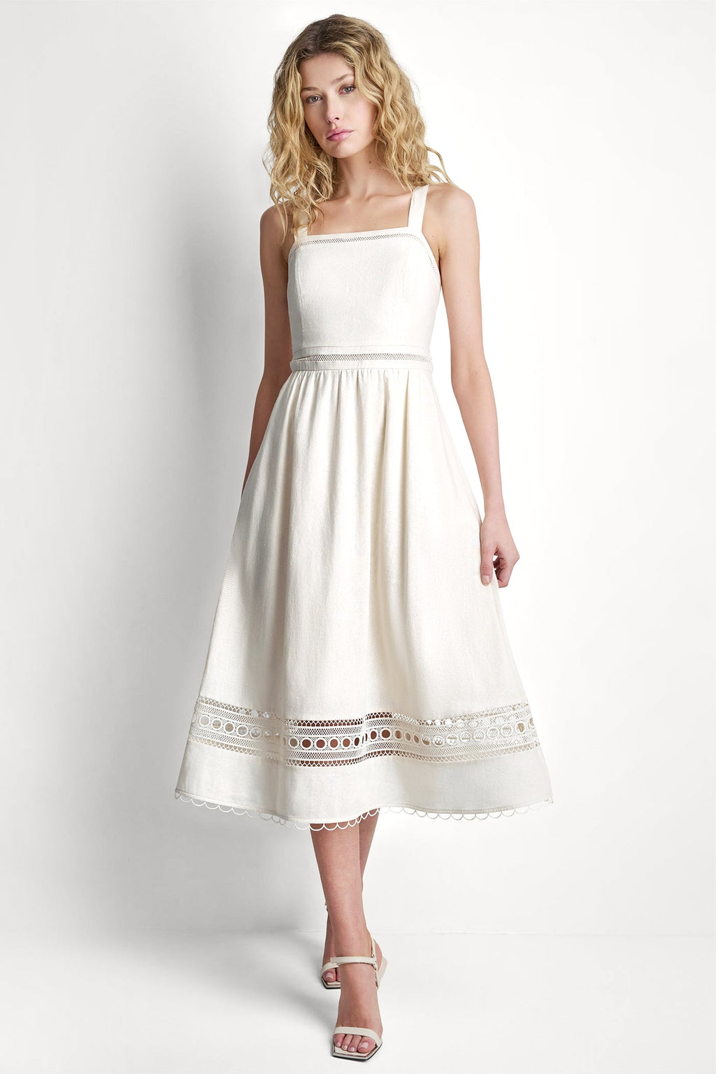 LINEN-BLEND LACE-TRIMMED MIDI DRESS