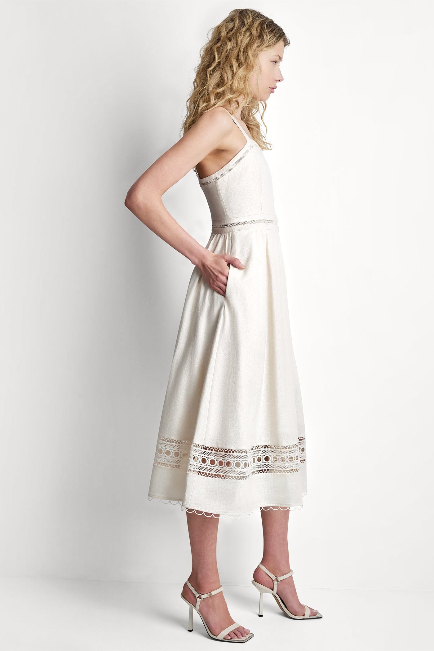 LINEN-BLEND LACE-TRIMMED MIDI DRESS