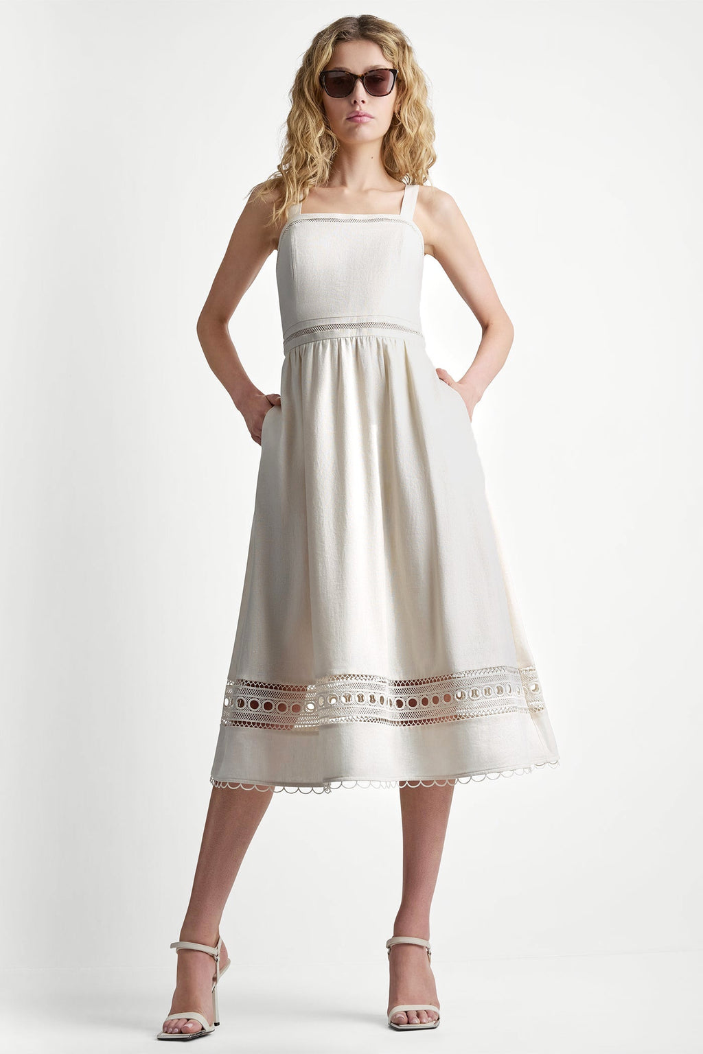 LINEN-BLEND LACE-TRIMMED MIDI DRESS