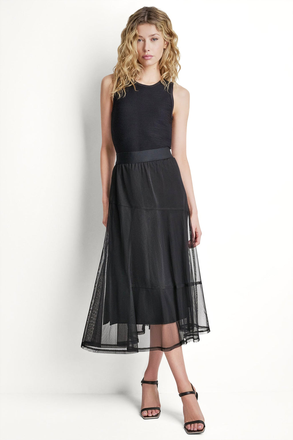 LAYERED MESH MIDI SKIRT