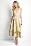 LINEN-BLEND LOOP LACE-TRIMMED PLEATED MIDI SKIRT