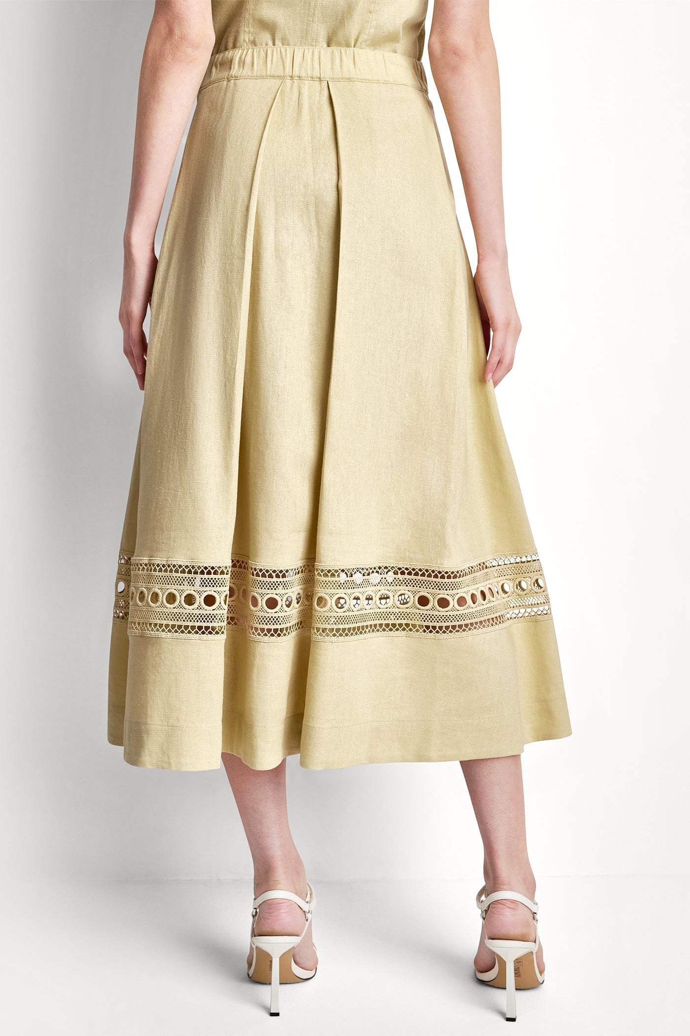 LINEN-BLEND LOOP LACE-TRIMMED PLEATED MIDI SKIRT