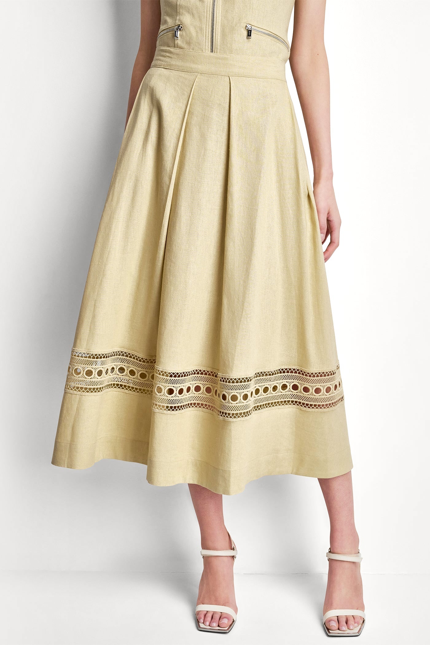 LINEN-BLEND LOOP LACE-TRIMMED PLEATED MIDI SKIRT