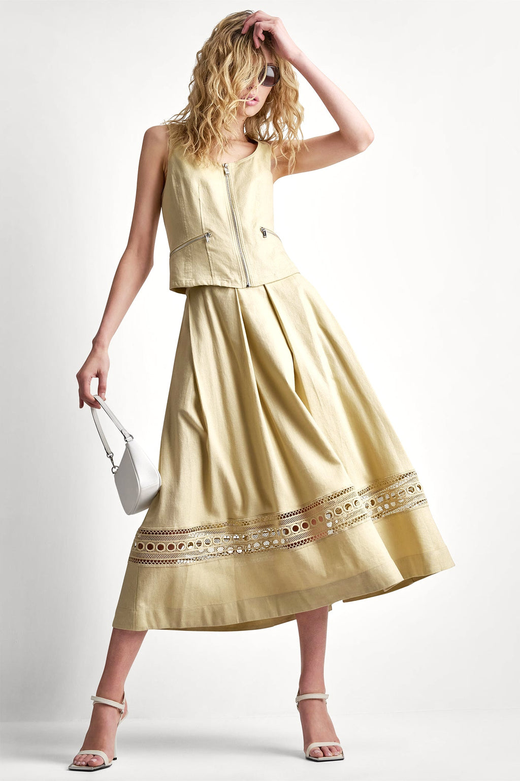 LINEN-BLEND LOOP LACE-TRIMMED PLEATED MIDI SKIRT