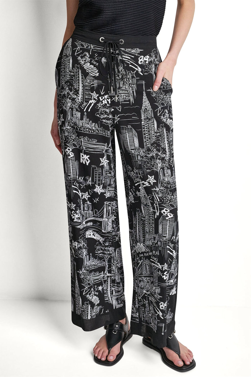 PRINTED DRAWSTRING WIDE LEG PANT