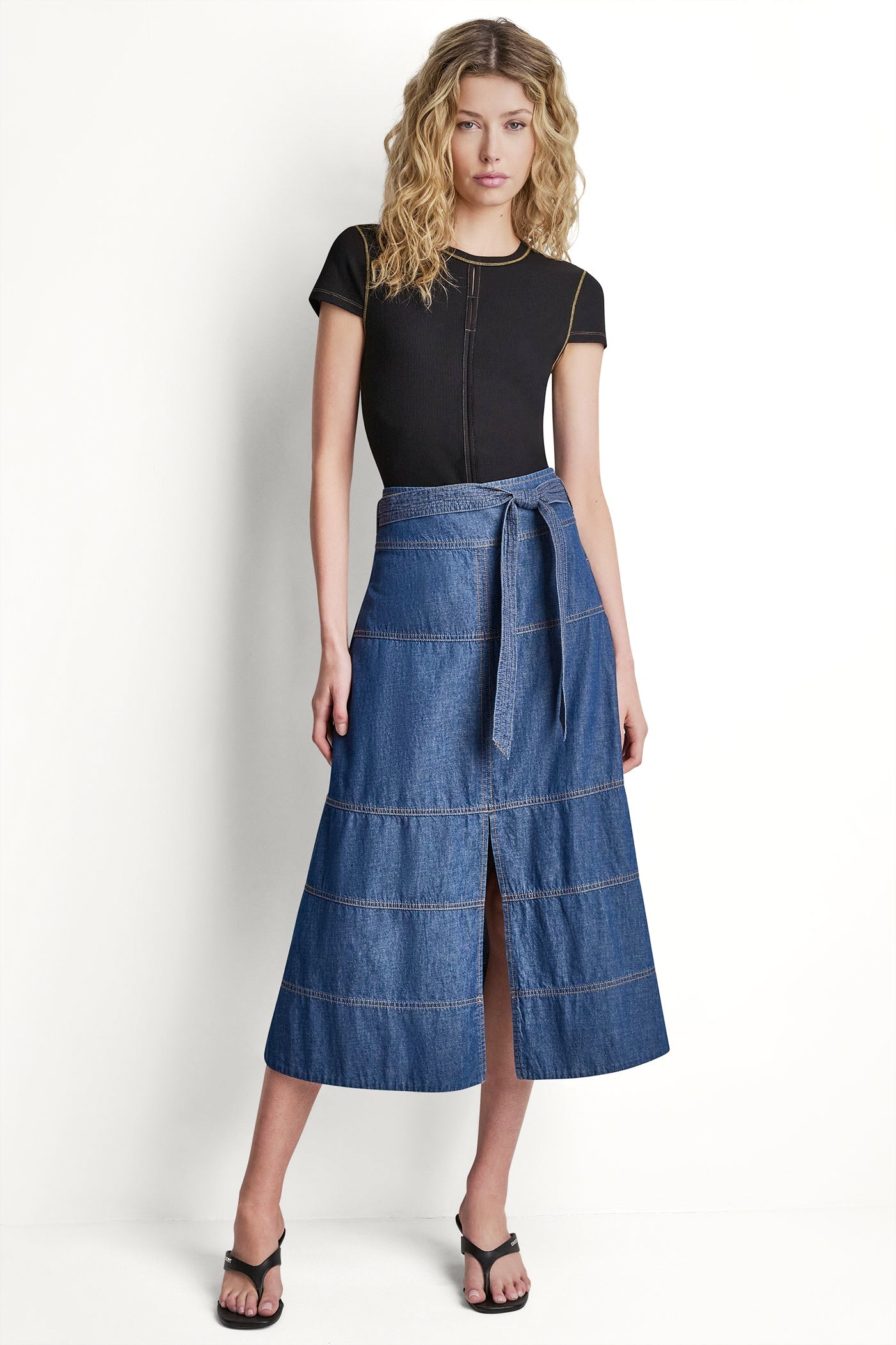 TIE WAIST CONTRAST STITCH SKIRT