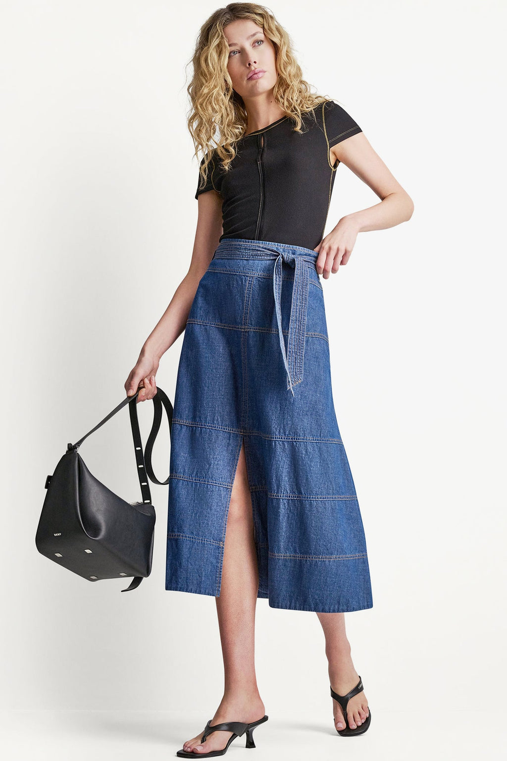 TIE WAIST CONTRAST STITCH SKIRT