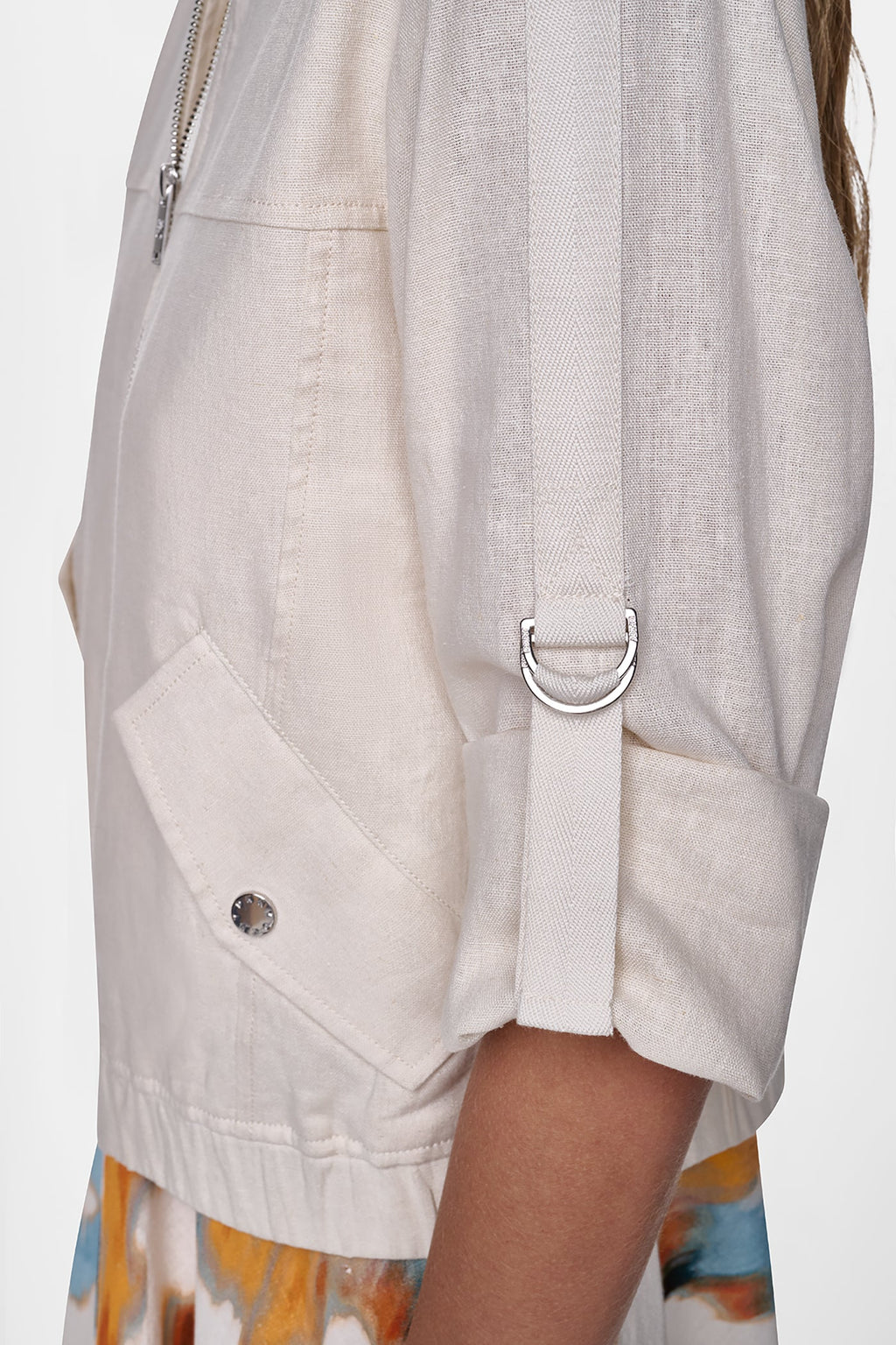LINEN-BLEND ROLL-TAB SLEEVE BOMBER JACKET