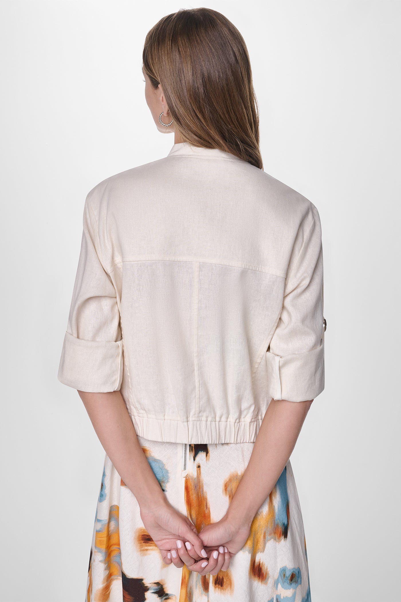 LINEN-BLEND ROLL-TAB SLEEVE BOMBER JACKET